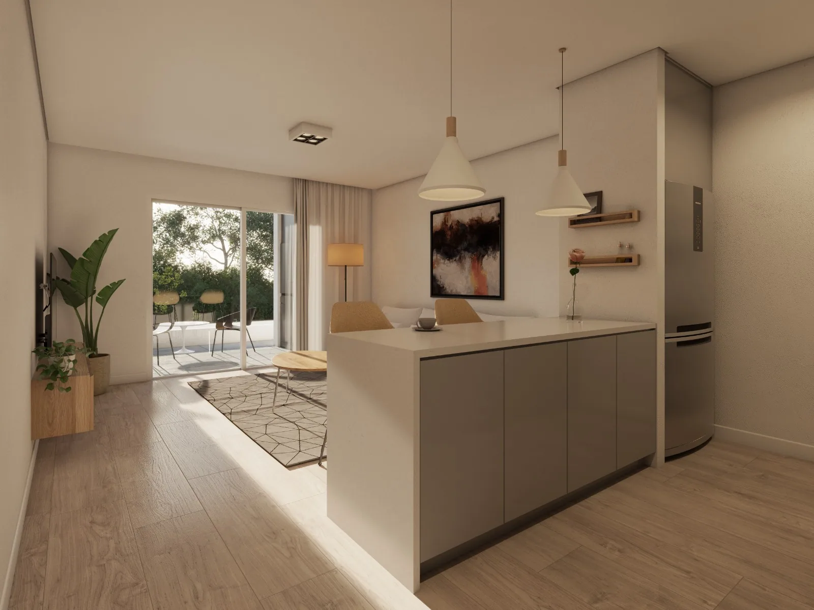 Interior de un local de Portal Haras equipado con cocina moderna e isla, ideal para gastronomía