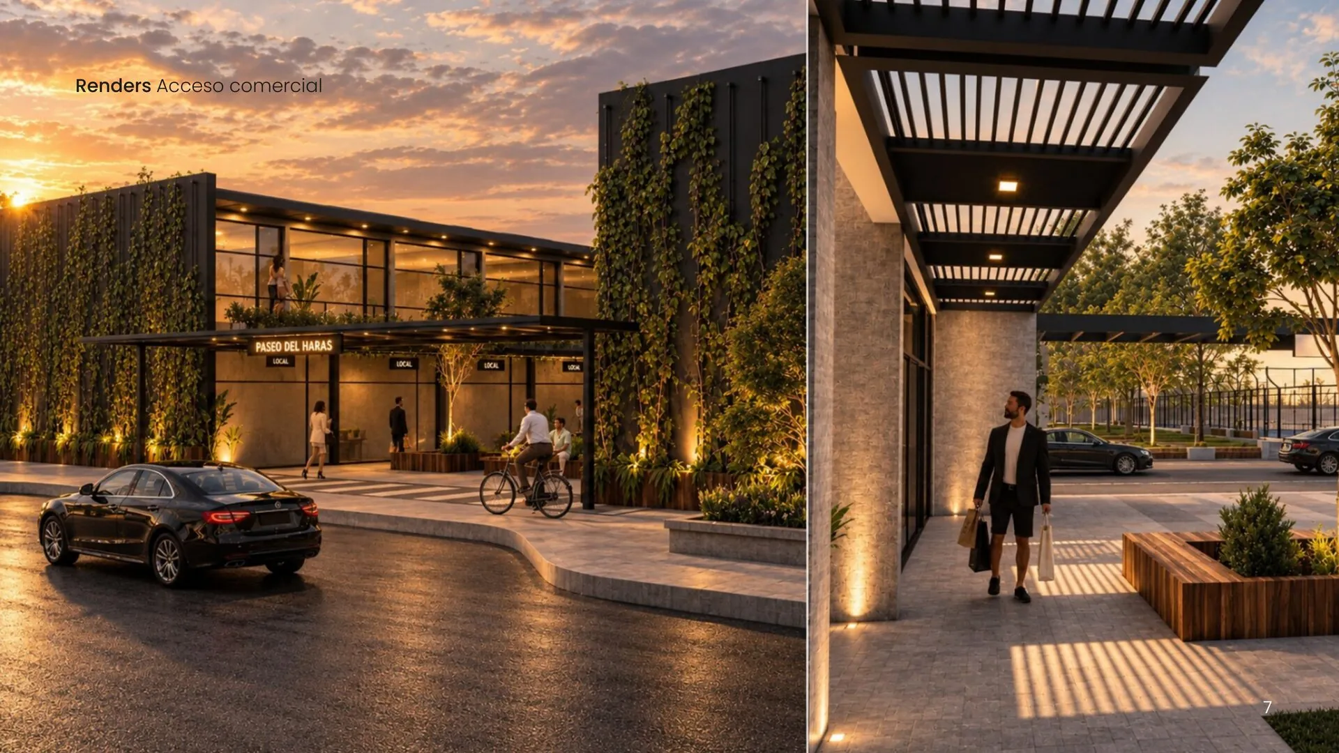 Acceso vehicular al Paseo del Haras al atardecer, con vidrieras iluminadas, cartelería 'Paseo del Haras' y pérgola de ingreso peatonal