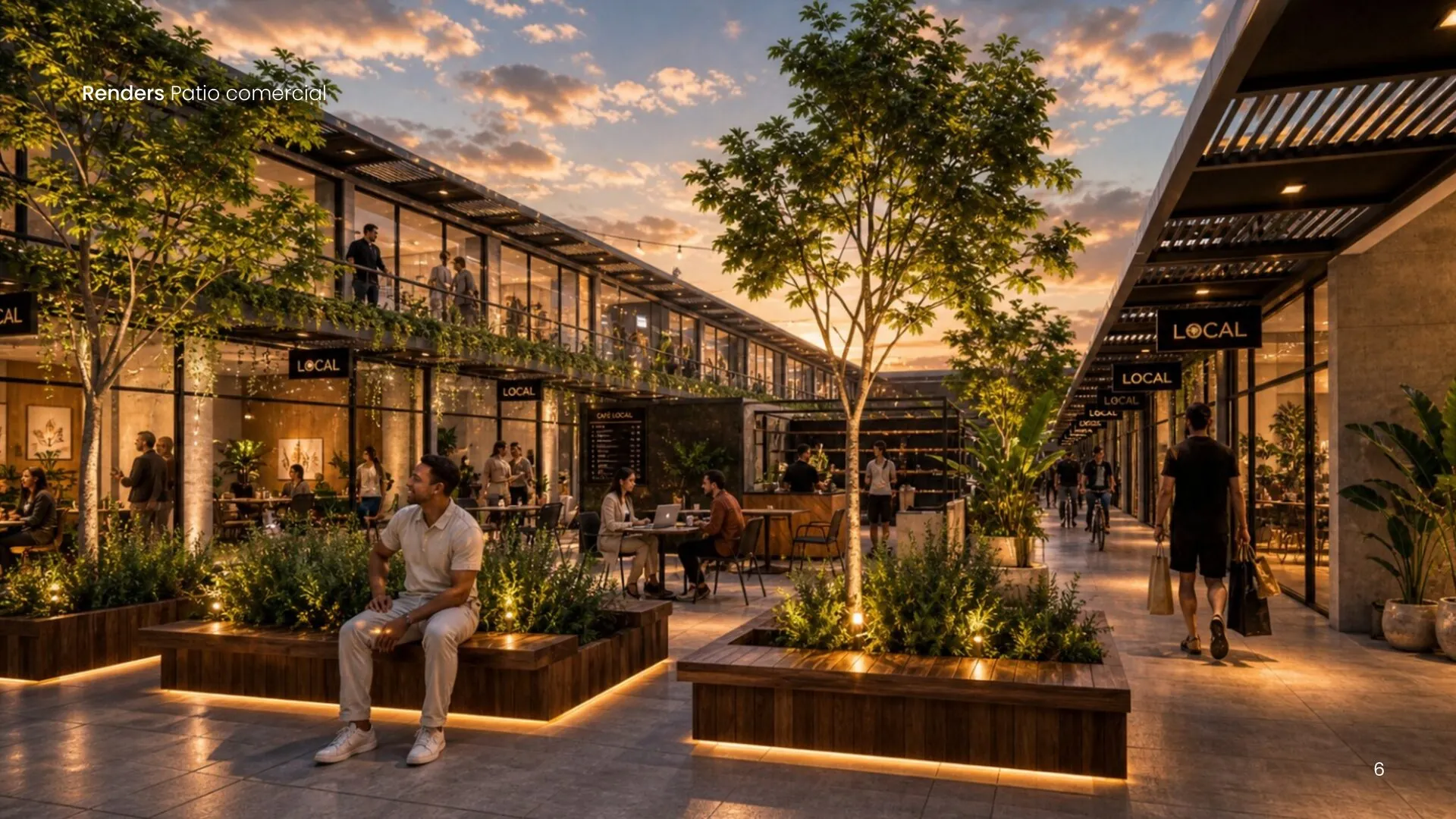 Patio comercial del Paseo del Haras al atardecer: cafeterías, jardines verticales, canteros iluminados y locales en dos plantas
