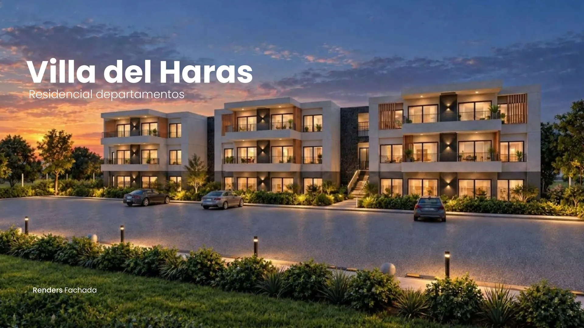 Edificio de departamentos de Villa del Haras: tres cuerpos de 3 plantas con balcones iluminados y estacionamiento propio